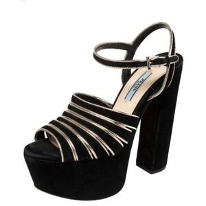 Prada Milano Donna Strappy Black/Gold Suede &Leather Platform Sandal Shoes 37